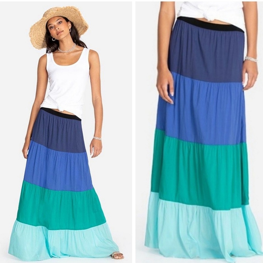 Johnny Was Yadira Blue and Green Tiered Maxi Skirt Casual Resort Wear